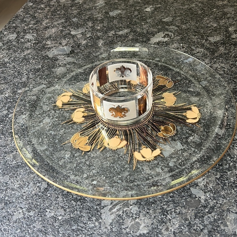 Culver Glass 22K Gold Black 14.5” Platter and Small 4” tall Coordinating Bowl